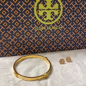 Tory Burch Gold Logo Bangle & Stud Earrings